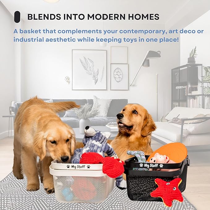 Dog Toy Basket Metal Mesh Metal, Chew Proof, 16 (L) x 9.5 (W) x 7 (H) inches Black Dog Toy Bin, Sturdy Pet Toy Basket