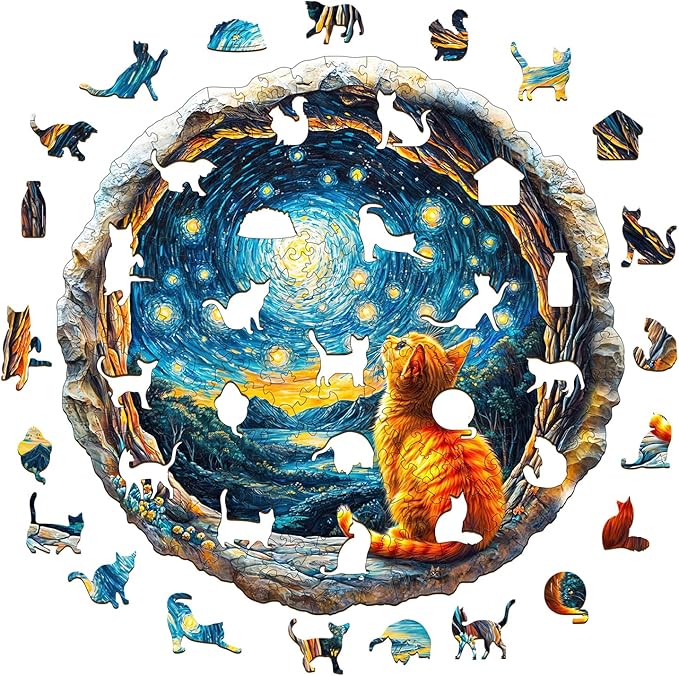 Jigfoxy Wooden Puzzles for Adults, Starry Night Wood Puzzles Adult, Unique Animal Shape Wooden Jigsaw Puzzles for Adults, Birthday Gifts for Puzzle Lovers, Family, Friend (L-13.4 * 13.2in-275pcs)
