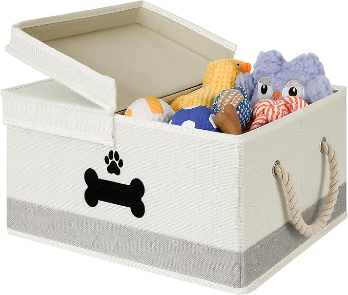 Dog Toy Basket with Double-Open Lid, Divided Dog Basket for Toys, Collapsible Pet Toy Box, Dog Storage Organizer with 2 Divided Area, Puppy Toy Baskets with Rope Handles, Beige & Gray