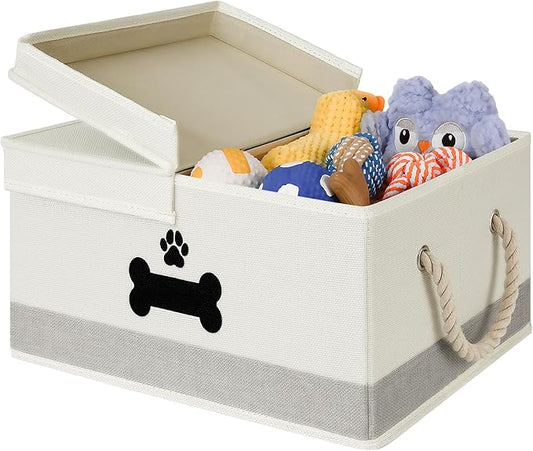 Dog Toy Basket with Double-Open Lid, Divided Dog Basket for Toys, Collapsible Pet Toy Box, Dog Storage Organizer with 2 Divided Area, Puppy Toy Baskets with Rope Handles, Beige & Gray