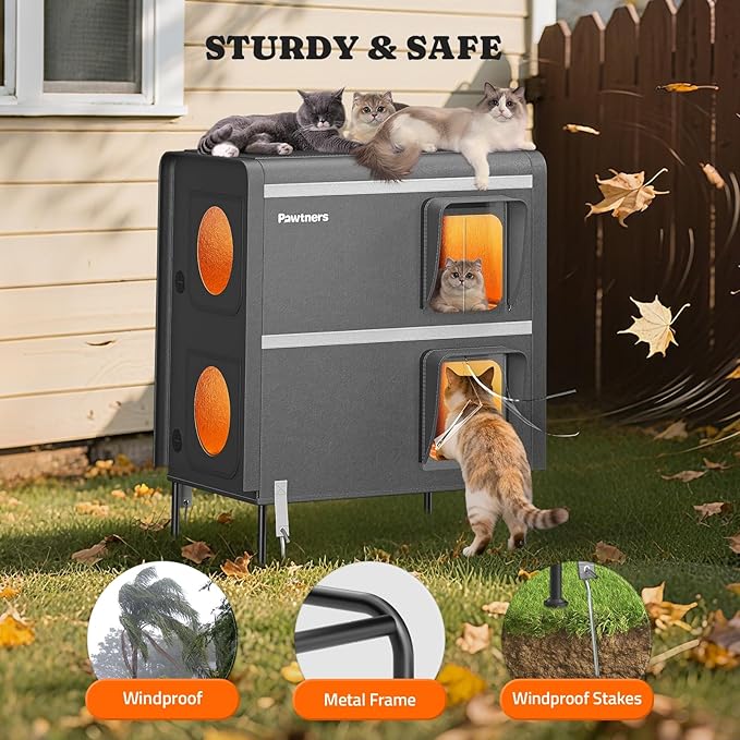 Pawtners Heated Outdoor Cat House for Outside Cats, 26'' XXL 2-Story Insulated Weatherproof Cat Shelter with Heated Pad, Elevated Feet & Escape Door, Warm Kitty House for Feral or Stray Cats in Winter