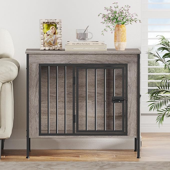 EasyCom Dog Crate Furniture for 1 or 2 Dogs, Heavy Duty Single/Double Dog Crates for Small/Medium/Large Dogs, Dog Kennel Furniture Indoor as TV Stand, Small Size 28.15" L(0-20 Pounds), Oak Grey
