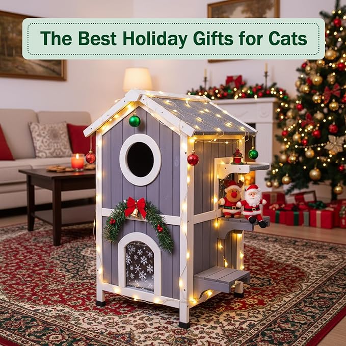 GEGURI Outdoor Cat House Winter-Proof, Two-Story Insulated Cat Shelter for Feral Cats with Thermal Layer, Removable Roof, Balcony & Escape Door, Weatherproof & Warm Shelter for Cats
