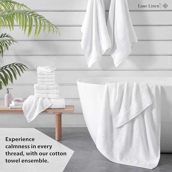 LANE LINEN 100% Mercerized Cotton Luxury Bathroom Towel Set - 16 Pcs - Super Soft, Fluffy & Highly Absorbent - 4 Bath Towels, 8 Washcloths, 4 Hand Towels - Complete Family Pack - White Bath Towel Set