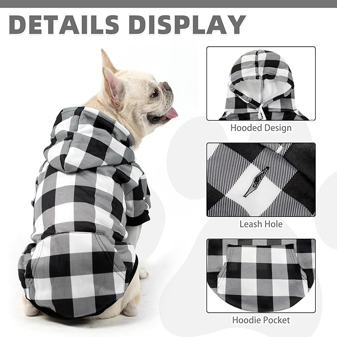 KOOLTAIL Plaid Dog Hoodie for Small Medium Large Dogs - Pet Clothes Sweater with Hat and Pocket for Cold Weather Winter, Warm Soft Hooded Sweatshirt Coat Outfit for Puppy Cats Girls Boys White XL/XXL