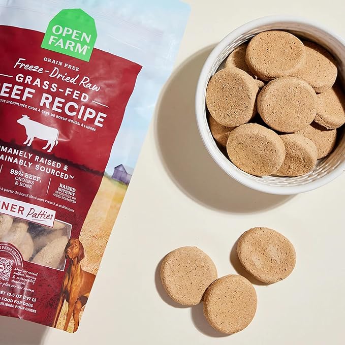 Open Farm, Freeze Dried Raw Dog Food, Patties with 95% Meat, Organs & Bone, Complete Meal or Freeze Dried Dog Food Mixer, Grass-Fed Beef Recipe, 10.5oz Bag
