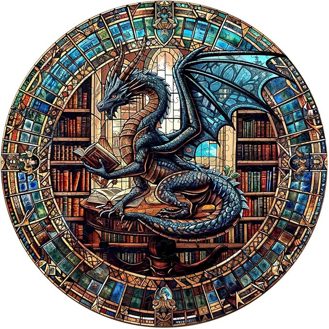 Wooden Puzzles for Adults, Wooden Jigsaw Puzzles for Adults, Wood Puzzles Adult-The Dragon's Library Unique Shaped Dragon Puzzle, Birthday Gifts for Friends Family Game (11.4 * 11.4in 200pcs)