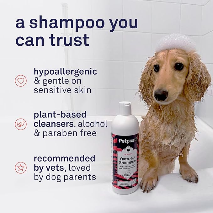Petpost | Oatmeal & Chamomile Dog Shampoo. Soothes Dry, Sensitive Skin, Moisturizes & Softens Coat with Aloe & Yucca. 16 oz