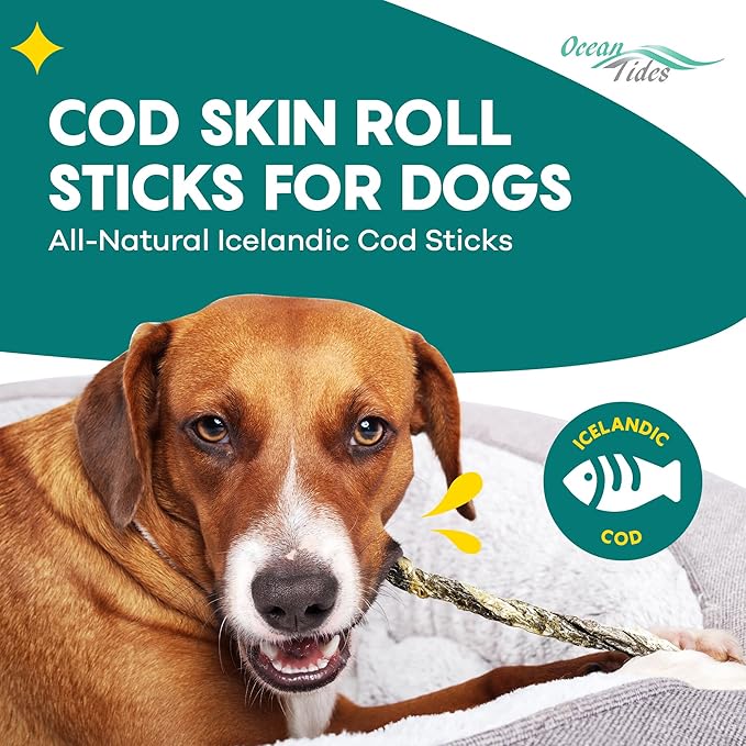 Ocean Tides Icelandic Atlantic Cod Fish Skin Treats for Dogs and Cats Dried Lean Crunch Sticks Chews