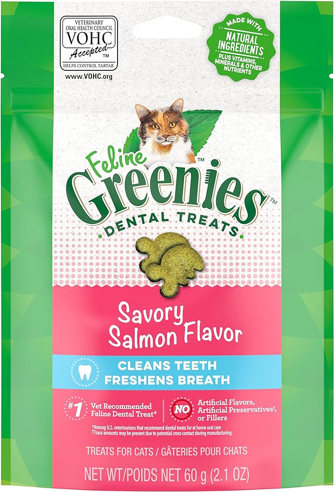 Greenies Feline Adult Dental Cat Treats, Savory Salmon Flavor, 2.1 oz. Pack