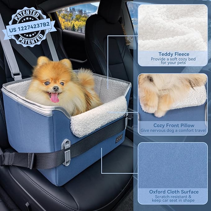 PETSFIT Dog Car Seats for Small Dogs–Patented Safety Buckles–Safety Tether–Foldable Travel Dog Booster Car Seat Reduces Anxiety & Road Trips–Stable Frame, Soft Cushion, Fits Front/Back Seat(Navy Blue)