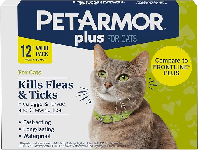 PetArmor Plus Flea and Tick Prevention for Cats, Cat Flea and Tick Treatment, 12 Doses, Waterproof Topical, Fast Acting, Cats Over 1.5 lbs