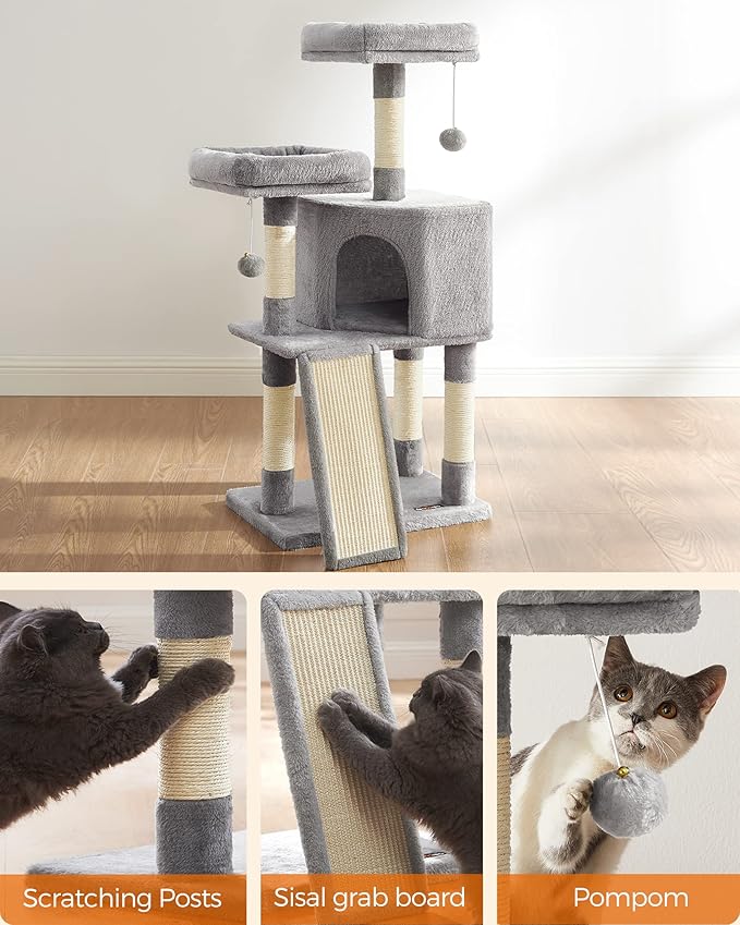 Feandrea Cat Tower, Cat Tree for Indoor Cats, 45.3-Inch Cat Condo with Scratching Post, Ramp, Perch, Spacious Cat Cave, for Kittens, Elderly Cats, Adult Cats, Small Space, Light Gray UPCT141W01