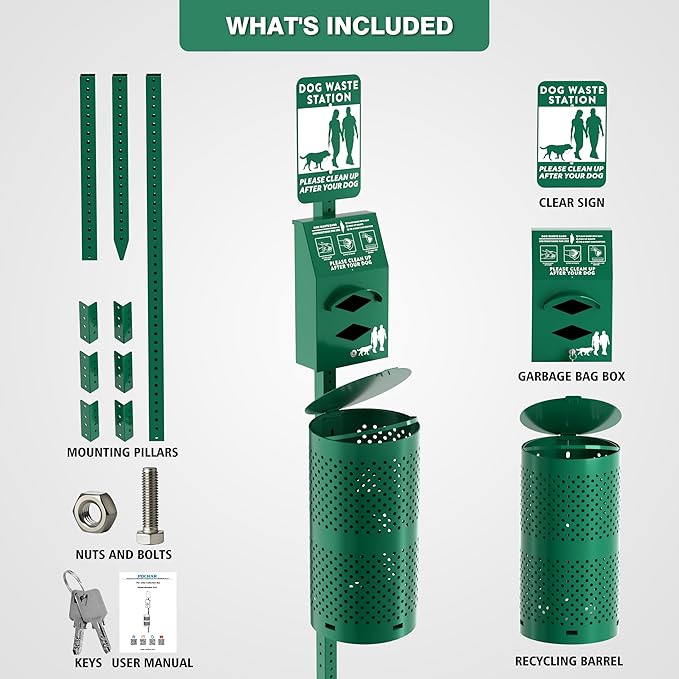 POCHAR Aluminum Rustproof Dog Waste Disposal Station for Pet Parks – 10 Gallon Outdoor Pet Poop Station with Reflective Sign & Lid – Durable Trash Bin for Backyard Dog Waste