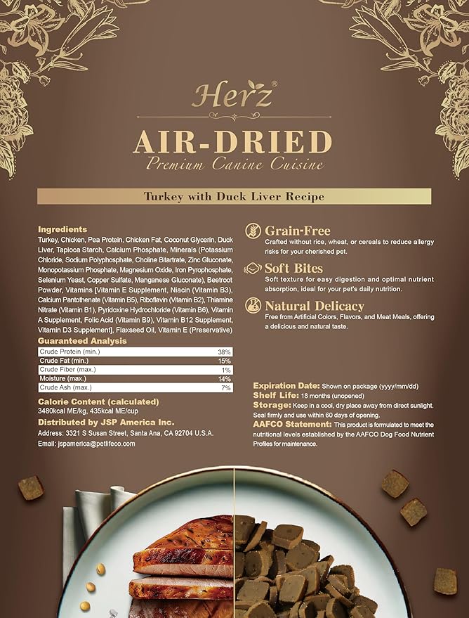 Herz Air-Dried Dog Food Turkey & Duck Liver Recipe 2.2 lb, All-Natural, High-Protein, Grain-Free, Limited Ingredients, Complete & Balanced, Premium Canine Cuisine