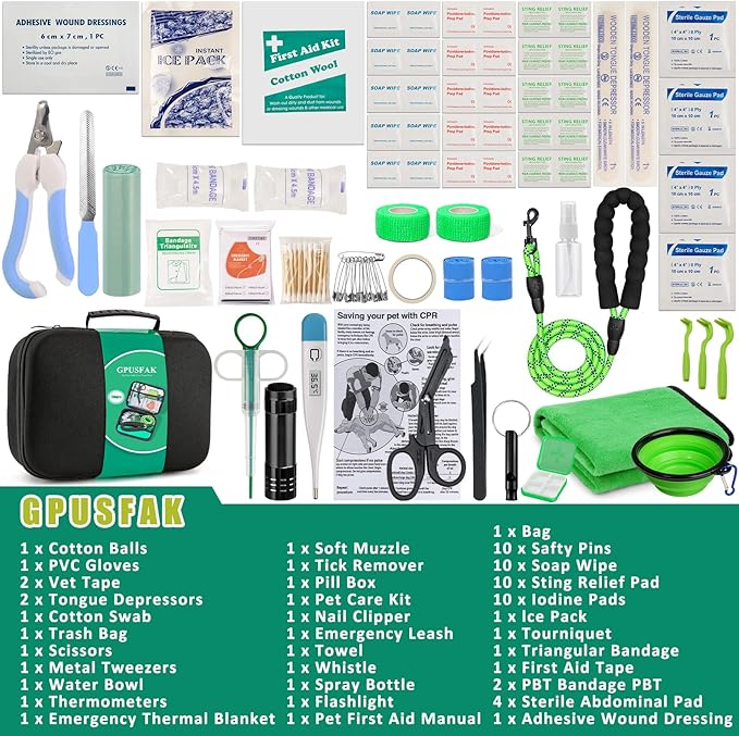 Pet First Aid Kit for Dogs - Pet Emergency Kit for Camping Hiking Traveling Hunting and Sports (Green)