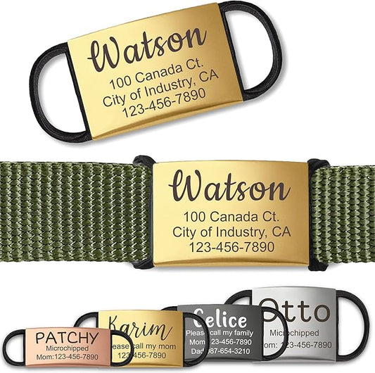 Anavia Slide On Silent Pet ID Tags, S/M/L/XL Personalized Stainless Steel Cat Dog Tag with Elastic Fabric Band, Engraved Nameplate Quiet Chew-Proof Pet Collar Tag (Gold, S/M)