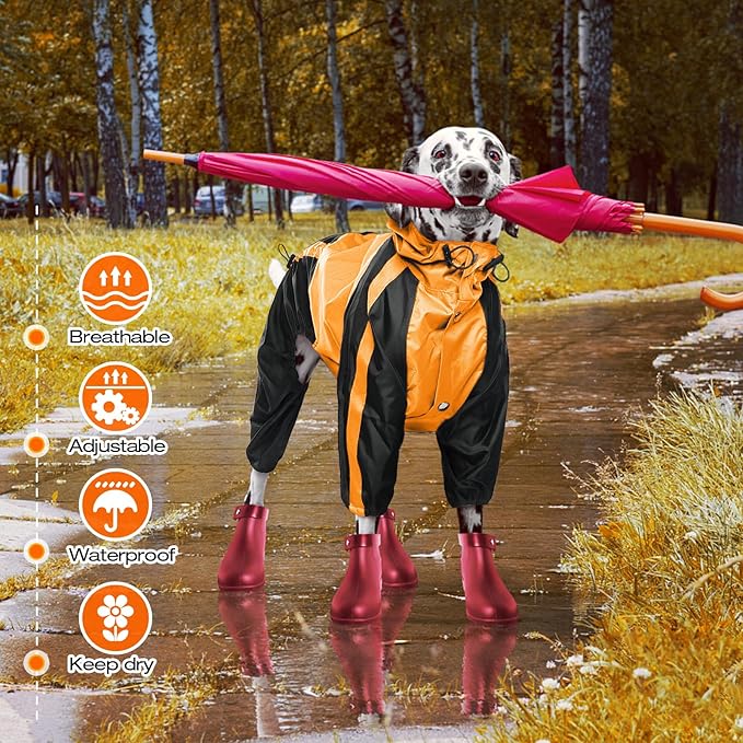 Dog Raincoat, Lightweight Rain Jacket, Adjustable 4-Legs Pet Poncho with Hood, Snow-Proof Dog Vest Rainwear, Rain Clothes Apparel with Leash Hole