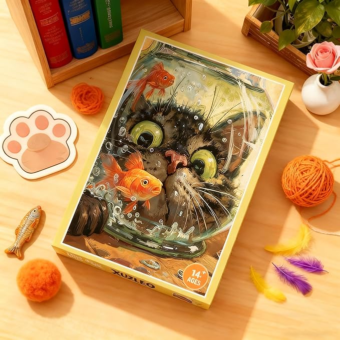 Curious Cat Fish Jigsaw Puzzles 1000 Pieces for Adults -Challenging Funny Kitten Terrified Fish Art, Premium Matte Finish, 27.56 x 19.68 Inches, Perfect for Game Nights