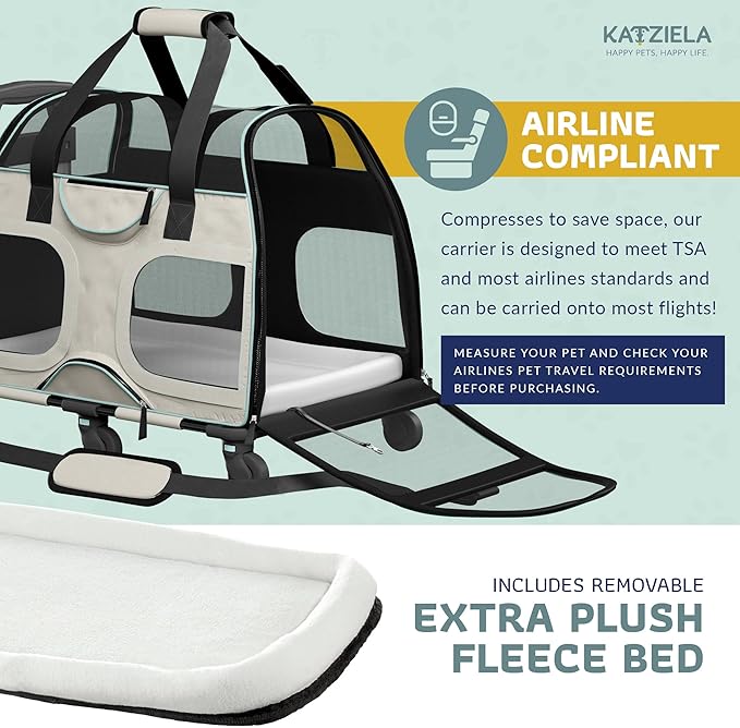 Katziela Pet Carrier - Airline Compliant Dog Carrier - TSA Approved Pet Carrier for Small Dogs and Cats - Soft FAA Travel Airplane Dog Carrier Luggage (White/Blue-Pro)