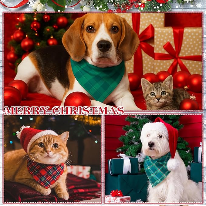 Abbylike 50 Pieces Christmas Plaid Dog Bandanas Bulk Xmas Bandanas for Dogs Triangle Kerchief Bibs Scarf Set for Christmas Pet Costume Accessories Decoration (25.6 x 17.7 x 17.7)