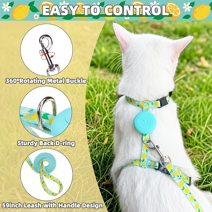 PUPTECK Adjustable Cat Harness and Leash Set Escape Proof Kitten Strap Collar for Walking Travel, Lemon Pattern