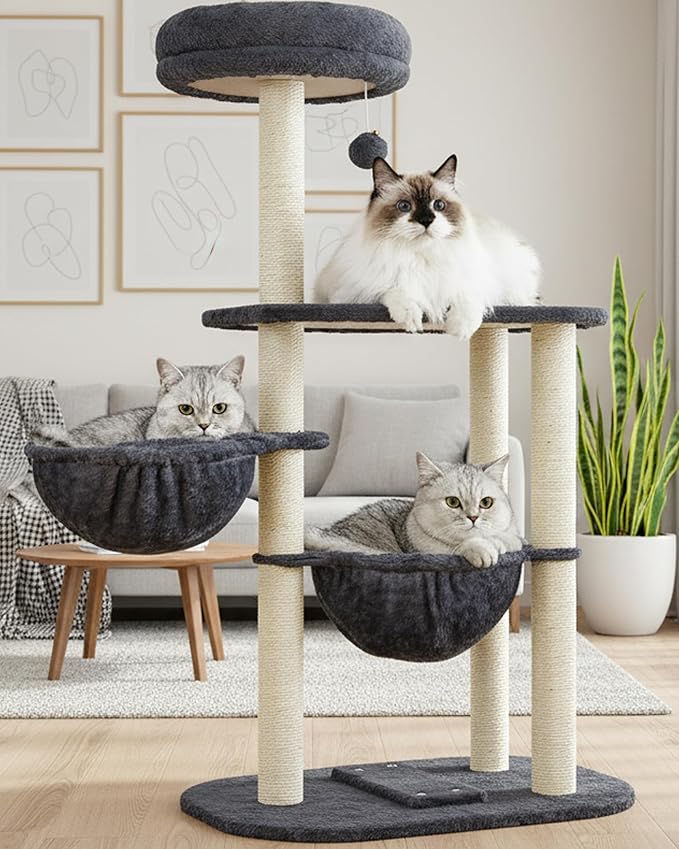 Cat Tree Tower for Indoor Cats Large Adult - 42 Inch Small Cats Condo Bed with Scratching Post Hammock Perch - Medium Multi Level Cat House for 2 Kitty Kitten - Grey Tall Climbing Towers Furniture