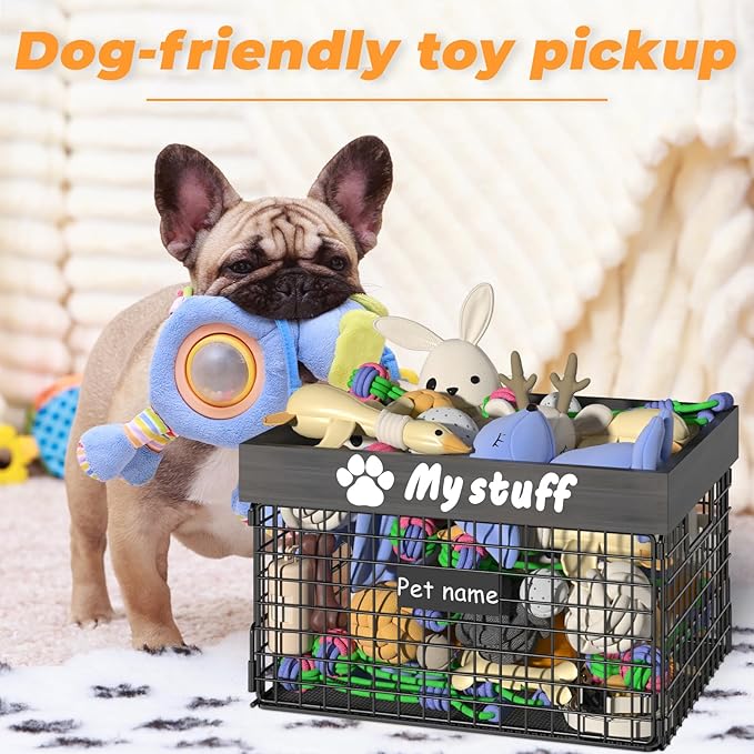Dog Toy Bin Toy Basket Metal Storage Box with Handles Dog Organizer Chew-Proof Dog Toy Box Blankets Leashes Chest Puppy Dog Toy Storage Wood Metal Container Home Decor Pet Toys Dog Cat