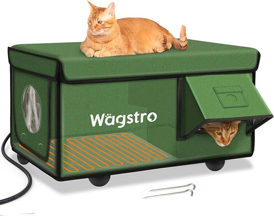 Heated Cat House for Outside, Waterproof Awning & Escape Door Heated Cat Houses for Indoor/Outdoor Cats in Winter, Elevated & Insulated Outdoor Cat Shelter for Feral Cat(Green, 25.2"x16.5"x12.2")