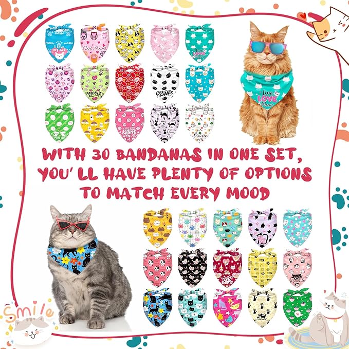 30 Pcs Dog Bandanas Bulk, Summer Pet Bandanas Bulk, Cute Kitty Pattern Dog & Cat Bandanas for Small Pets, Breathable Washable Triangle Scarves for Pet Grooming, Gifts, Parties
