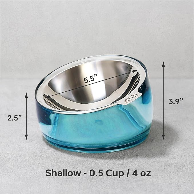 Felli Oblik Elevated Cat Bowl Removable Stainless Steel Wide Dish for Dry Wet Food Feeding & Dishwasher Clean, Slanted Whisker Fatigue Friendly Metal Plate + Acrylic Base Non Slip (0.5Cup Sapphire)