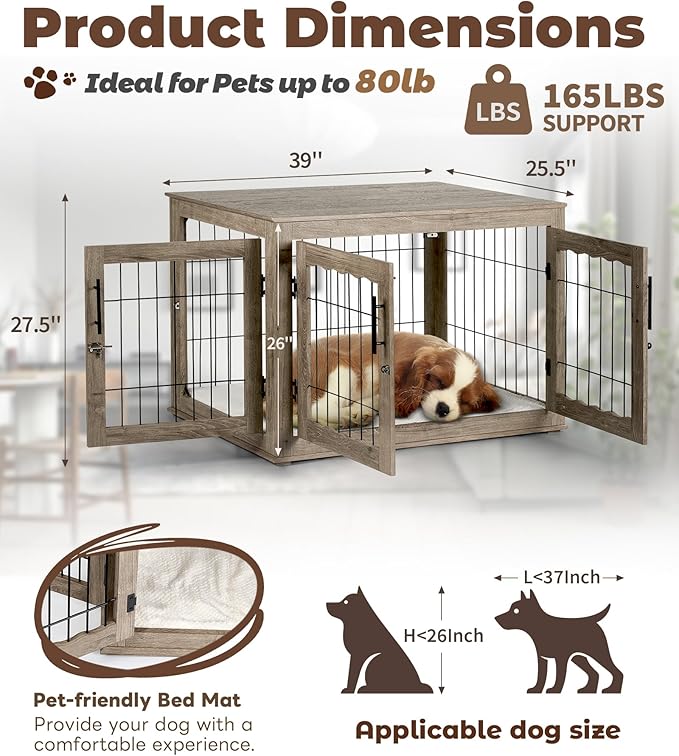 Dog Crate Furniture, 38 inch Large Dog Crates with Bed Mat, Wooden Dog Kennel Furniture, End Side Table Dog Cage with 3 Doors, Greige