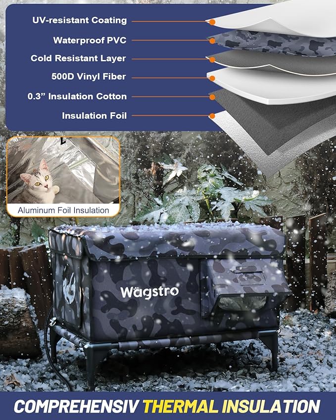 Heated Cat House for Outside, Insulated Weatherproof Heated Outdoor Cat House with Waterproof Eaves & Escape Door, Elevated Outdoor Cat Shelter for Feral Stray Cat (Black Camo, 16.5"x13"x16.9")