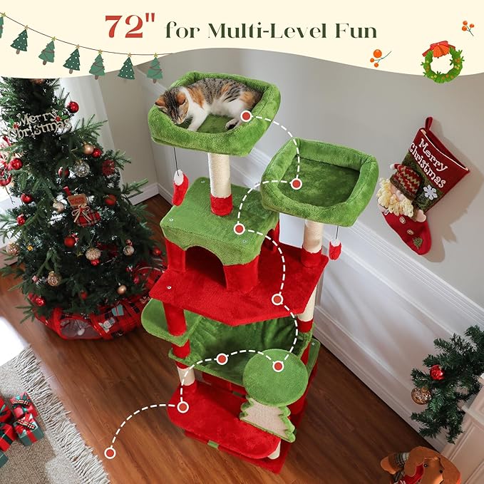 PAWZ Road Christmas Cat Tree, 72 Inches Tall Cat Tower with 2 Perches, 2 Condos and Spacious Hammock, Attractive Cat House with Xmas Tree Scratcher, 7 Scratching Posts for Large Cats