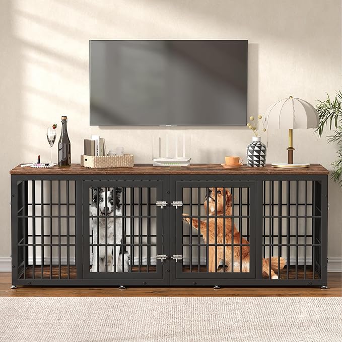 78 Inch Double Dog Crate Furniture, Heavy Duty Extra Large Cage Furniture with Divider for 2 Dogs, Decorative Wooden Kennel Furniture Indoor, Metal Pet House for Large and Medium Dogs
