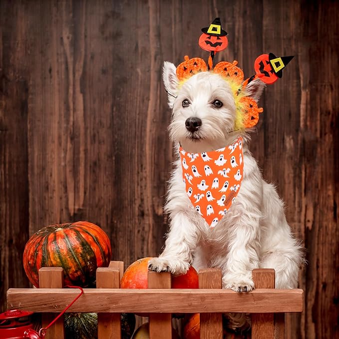 PTDECOR Halloween Dog Bandana, Reversible Holiday Pet Puppy Scarf, Multi Size, Triangle Halloween Bandanas for Small Dogs Puppies Cats (Orange, Small)