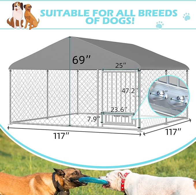 Erinnyees 10FT x 10FT Outdoor Dog Kennel with Roof, Dog Kennel Outside Dog Run Fence, Large Dog House Pen Enclosure with Secure Lock and Textilene Door