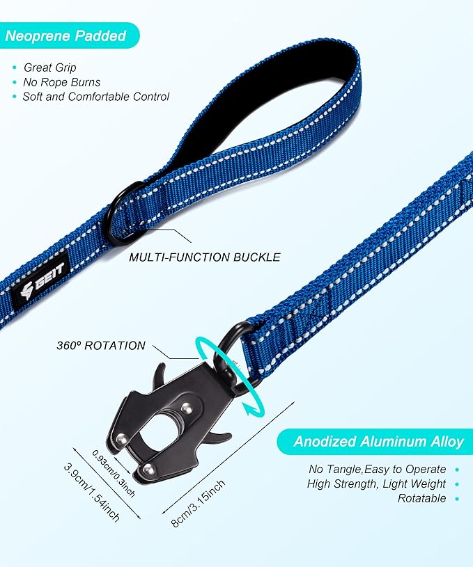 GEIT 4/5/6FT Heavy Duty Dog Leash with 2 Comfortable Padded Handles, Reflective Rope Leashes with Quick Release/Locking Tactical Frog Clip for Small Medium and Large Dogs, Blue