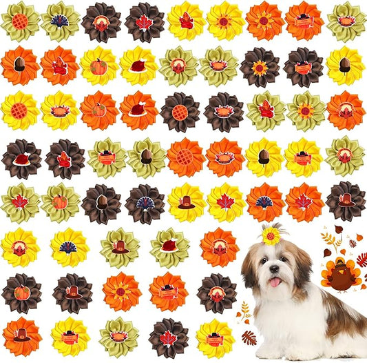 Sadnyy 60 Pack Thanksgiving Dog Hair Bows Fall Dog Flower Bows with Rubber Bands Thanksgiving Puppy Grooming Hair Accessories Pumpkin Turkey Pattern for Holiday Puppy Cats Pets Accessories