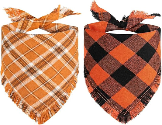 Kytely Dog Bandana Fall Christmas XLarge 2Pack, Halloween Thanksgiving Dog Bandanas, Orange Plaid Pet Scarf for Boy and Girl, Holiday Bandana Reversible Triangle Bibs Accessories for Dogs Pets