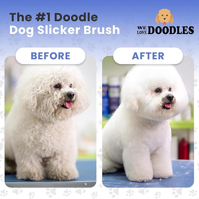 Slicker Brush for Dogs, Dog Grooming Supplies - Best Doodle & Poodle Brush for Long Haired Dogs - Goldendoodle Long Pin Detangler For Dematting (Large Curved)