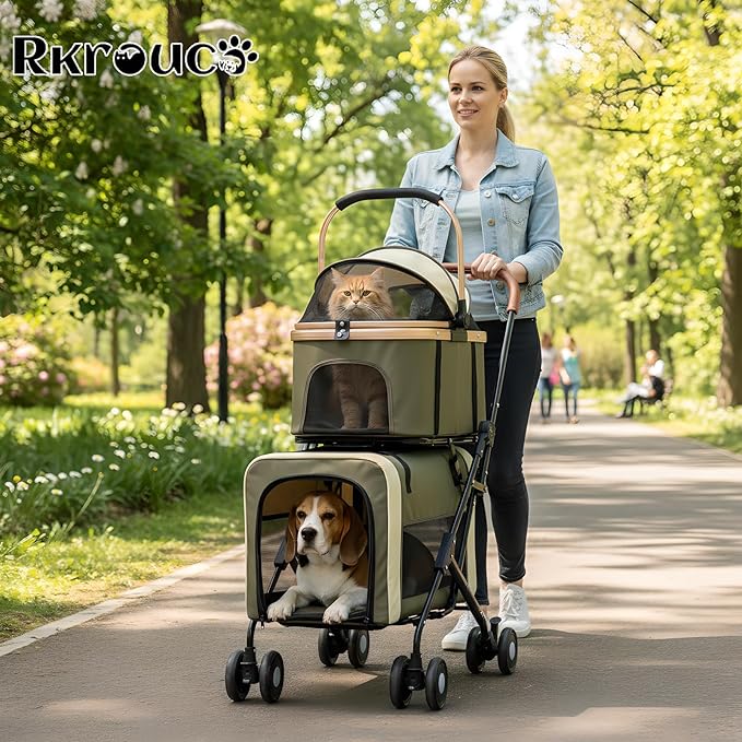 Foldable Double Pets Stroller for Dog Portable Cat Strollers for Small Medium Pet with Detachable Carriers Flexible Lockable Wheels Lightweight Dogs Jogger Strolling Cart Up to 77Lbs (Green)