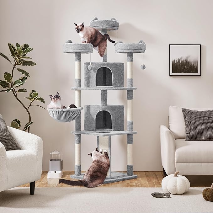 Yaheetech 76in Cat Tree Multi-Level Cat Tower with Large Cat Condo＆Cozy Perches Stable Pet Play House w/Sisal-Covered Scratching Posts＆Board for Indoor Cats, Light Gray