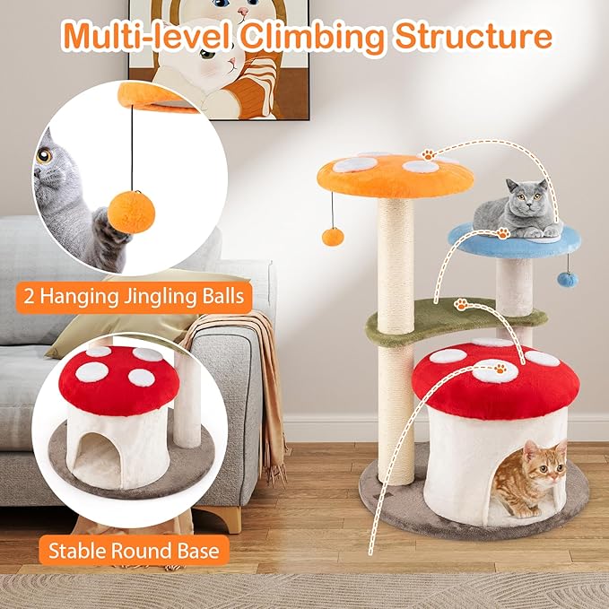 PETSITE Mushroom Cat Tree, Multi-Level Cute Cat Tree Tower with Sisal Scratching Posts, Cat Condo, Soft Plush Perches, and Dangling Toys for Indoor Cats (35 Inch)