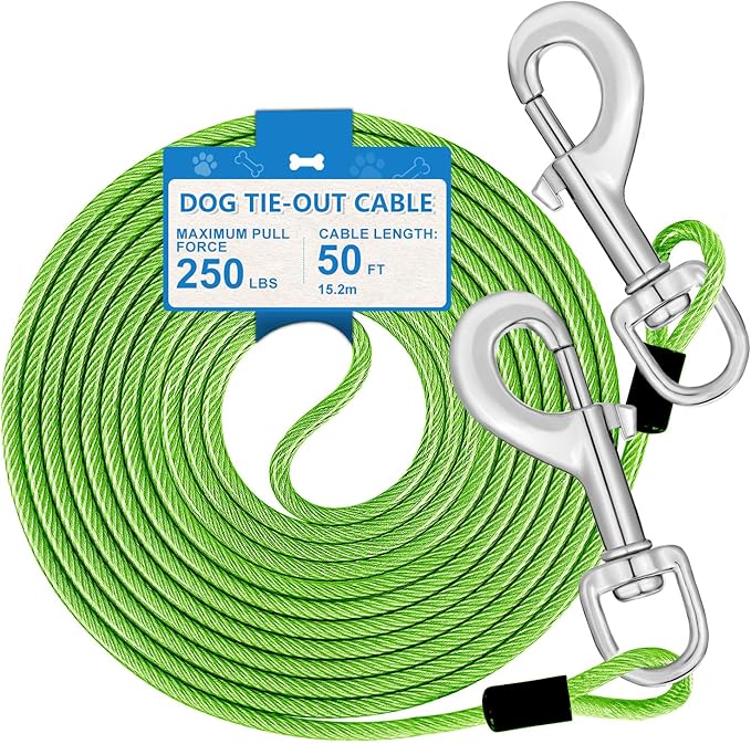 50ft Dog Tie Out Cable, Dog Leash Heavy Duty Tie Out Cable for Large Dogs Up to 250lbs Pull Force, Dogs Runner for Yard Outdoor and Camping, Super, Green