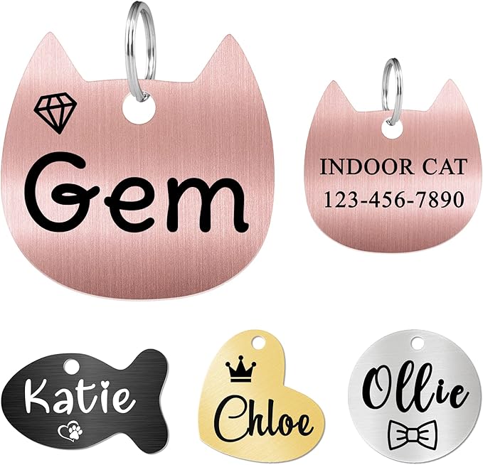 Ultra Joys Cat ID Tag Personalized Pet Tags, Durable Stainless Steel Small Pet Mini Dog Cat Tag Lightweight - Cathead Tag in Rose Gold