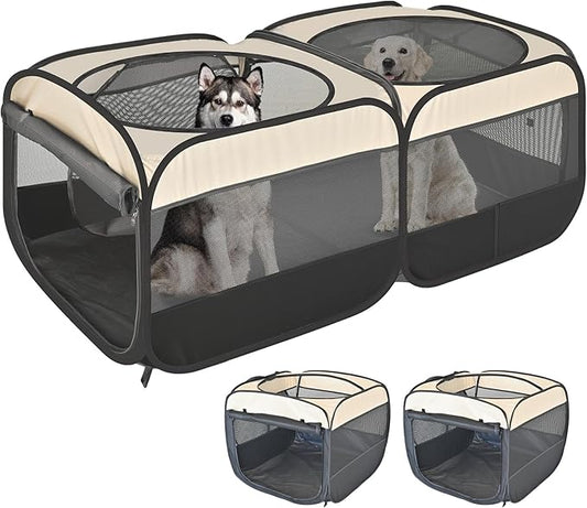 2-in-1 Pop Up Puppy Playpen, Detachable into 2 Separate Pens with Additional Doors, Assembly-Free Portable Cat Dog Crates Pet Pen Tent Kennel Kitten Enclosure Cage Indoor Outdoor Foldable Condo(L)