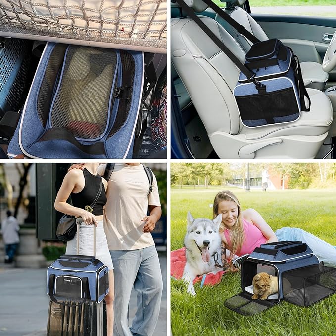 Petskd Top and Side Expandable Pet Carrier 17x11x9.5 Inches Alaska Airline Approved, Soft-Sided Carrier for Small Cats and Dogs with Locking Safety Zippers and Anti-Scratch Mesh(Blue)