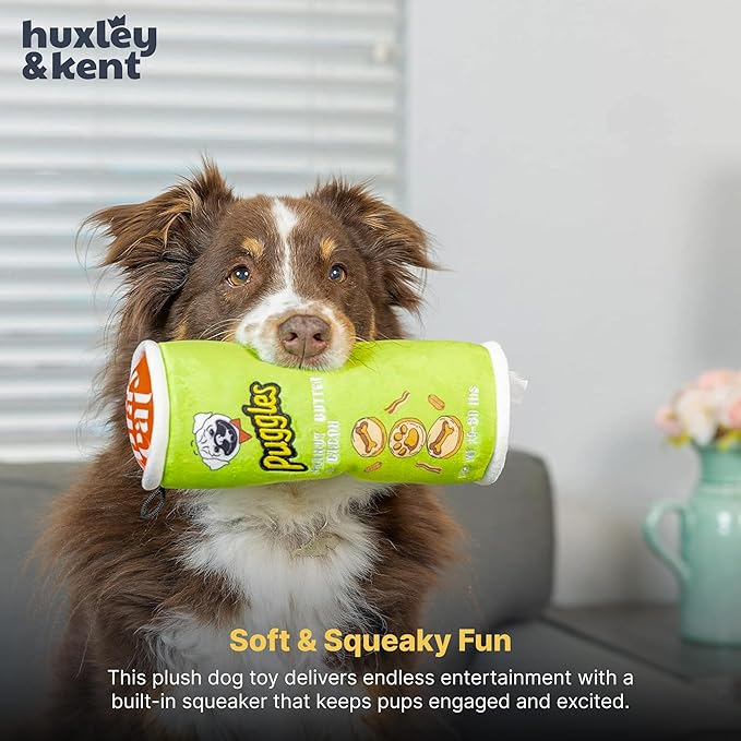 Huxley & Kent Funny Dog Toy w/Squeaker – Power Plush Squeaky Dog Toys for Small, Medium & Large Dogs – Soft Stuffed Animal for Indoor Play & Fetch - Puggles Can, Small