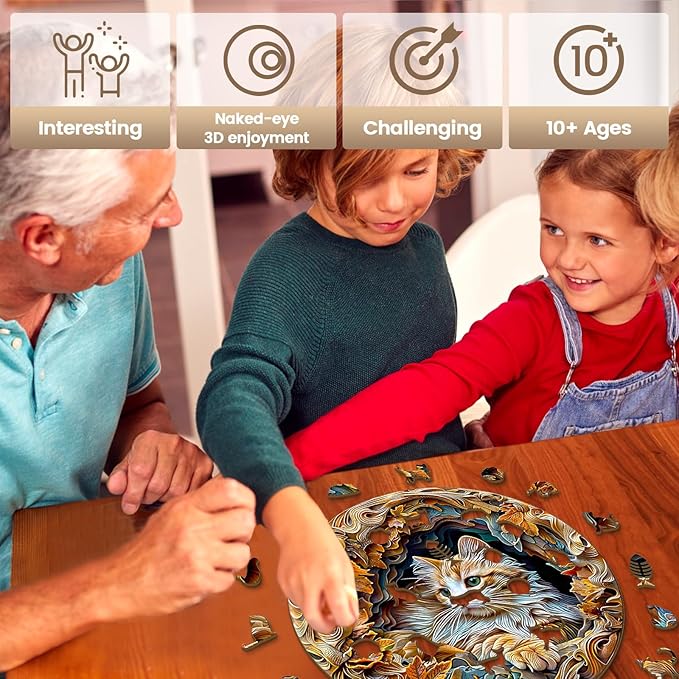 Wooden Puzzle for Adults-3D Vision Effect Cat Wooden Puzzle Unique Shape Advanced Wooden Jigsaw Puzzle for Adult, Wood Puzzles,Challenge Wooden Jigsaw Puzzle (13.4 * 13.4in-300pcs)